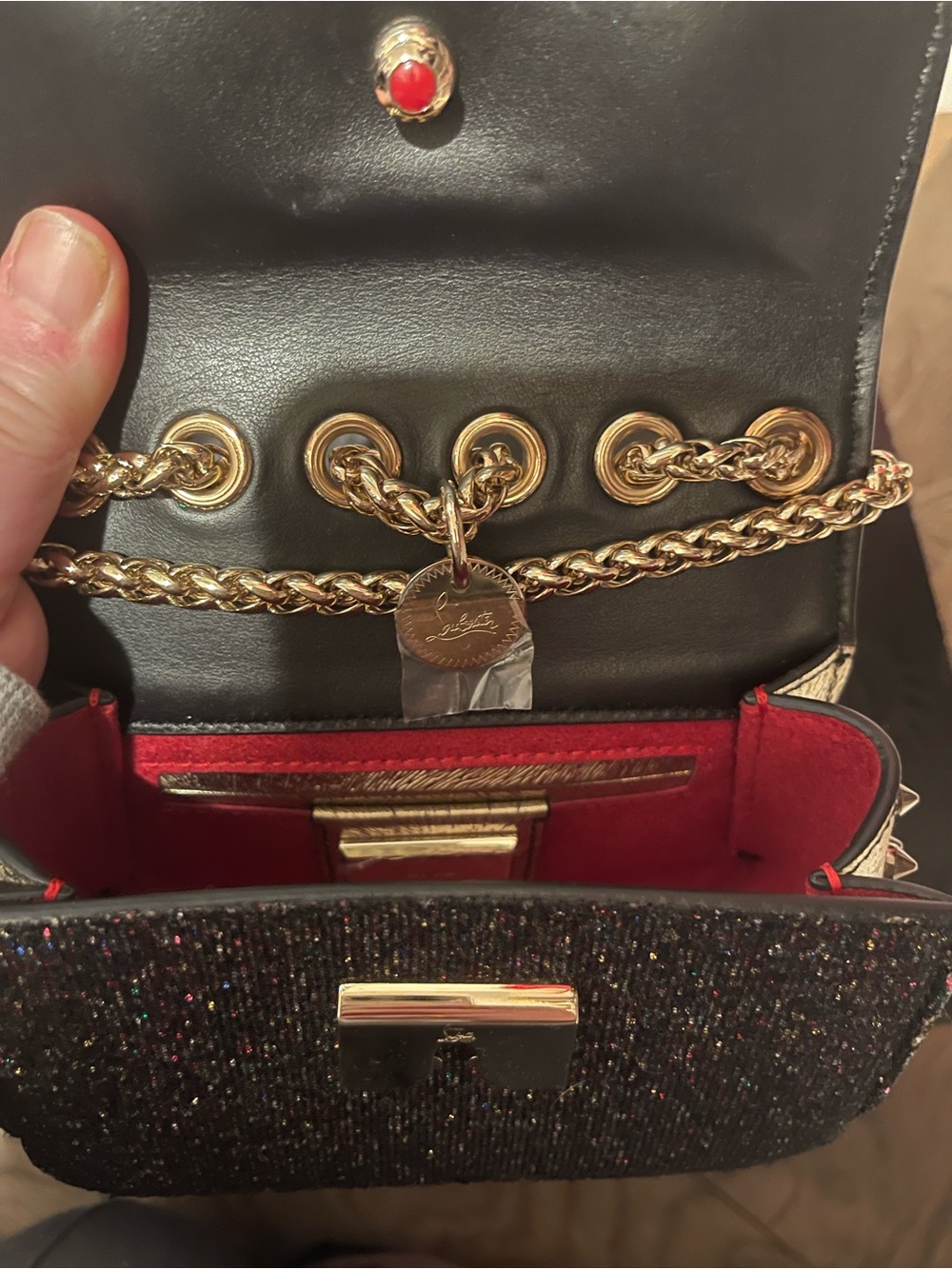 Christian Louboutin Multicolor Tweed Spike-Embellished Crossbody with Gold Chain - Picture 11 of 16